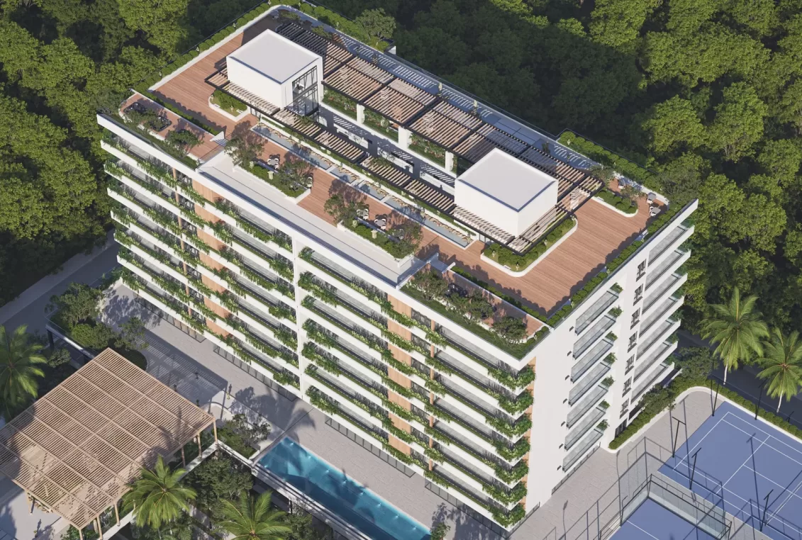Vista aérea de Zen Park Cancún con el Sky Park 360° y sus amenidades en la azotea.