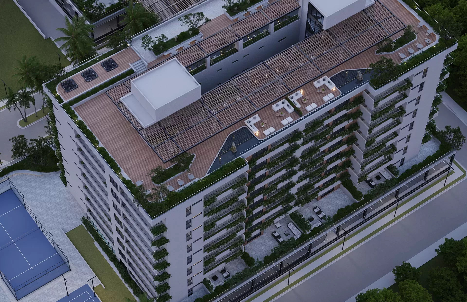 Vista de la alberca principal en Zen Park con el edificio residencial al fondo, rodeado de palmeras y zonas de descanso.